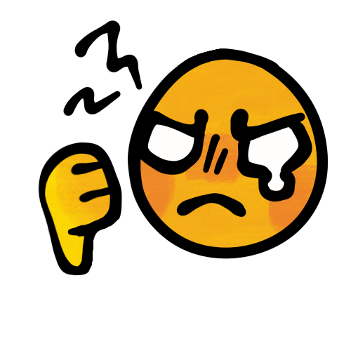 A drawing of a yellow emoji with a flushed face, frowning angrily and crying while giving a thumbs-down. A few jagged lines radiating off of their face further show their upset feelings.